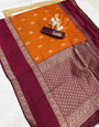 Demure Orange Pure Zari Weaving Banarasi Silk Saree With Lustrous Blouse Piece