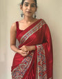Ideal Red Ajrak Printed Silk Saree With Dissemble Blouse Piece