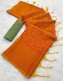 Stylish Orange Soft Banarasi Silk Saree With Aplomb Blouse Piece