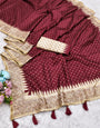 Rhapsodic Maroon Embroidery Work Tussar Silk Saree With Winsome Blouse Piece