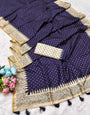 Mellifluous Navy Blue Embroidery Work Tussar Silk Saree With Incomparable Blouse Piece