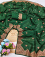 Tremendous Dark Green Embroidery Work Tussar Silk Saree With Tempting Blouse Piece
