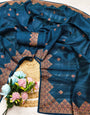 Most Stunning Teal Blue Embroidery Work Tussar Silk Saree With Opulent Blouse Piece