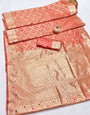 Demure Peach Soft Banarasi Silk Saree With Fairytale Blouse Piece