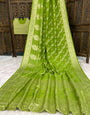 Outstanding Green Banarasi Dola Silk Saree With Intricate Blouse Piece