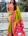 Alluring Mehndi Banarasi Pichwai Silk Saree With Desultory Blouse Piece