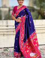 Seraglio Navy Blue Banarasi Pichwai Silk Saree With Eclat Blouse Piece