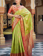 Magnificat Parrot Green Soft Banarasi Silk Saree With Prettiest Blouse Piece