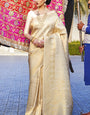 Gratifying Beige Kanjivaram Silk Saree With Imbrication Blouse Piece