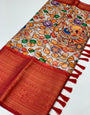 Alluring Beige Kalamkari Printed Saree With Efflorescence Blouse Piece