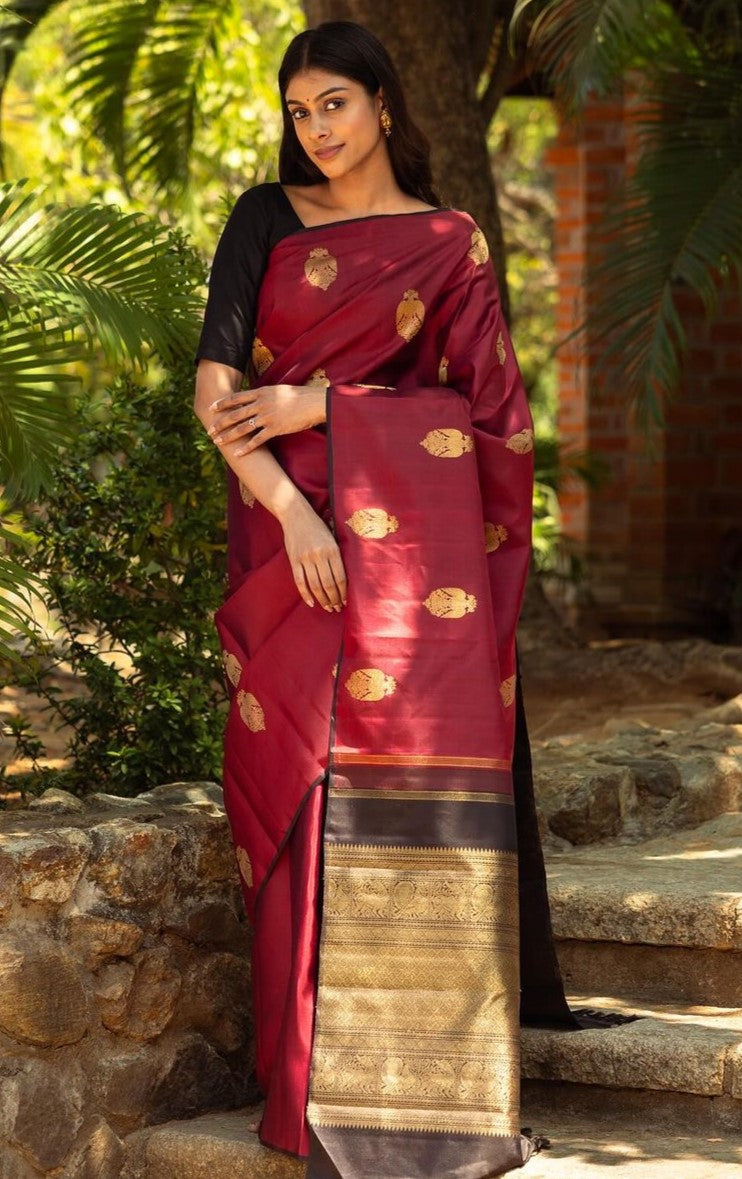 Devastating Maroon Soft Silk Saree With Cynosure Blouse Piece