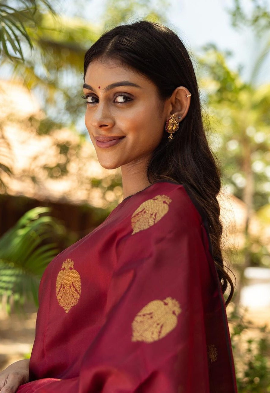Devastating Maroon Soft Silk Saree With Cynosure Blouse Piece