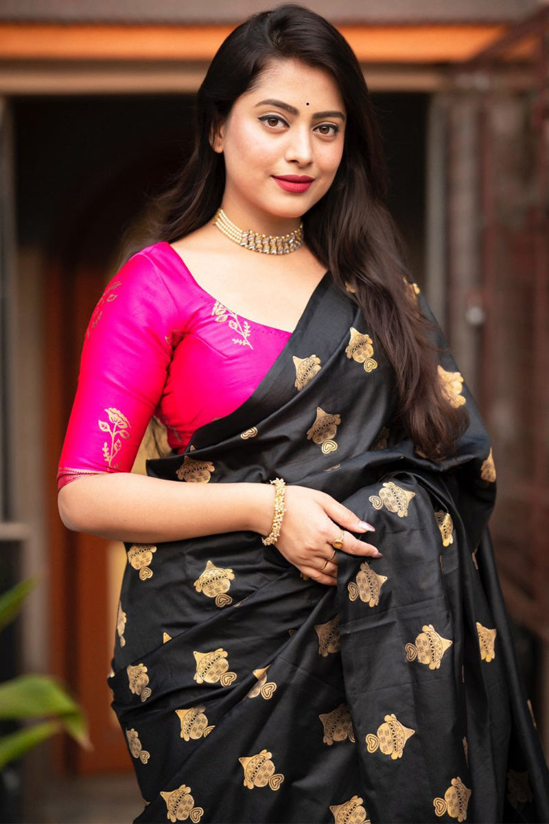Fugacious Black and Dark Pink Soft Silk Saree With Ratatouille Blouse Piece