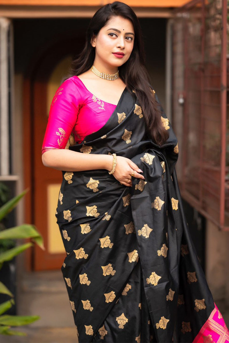 Fugacious Black and Dark Pink Soft Silk Saree With Ratatouille Blouse Piece
