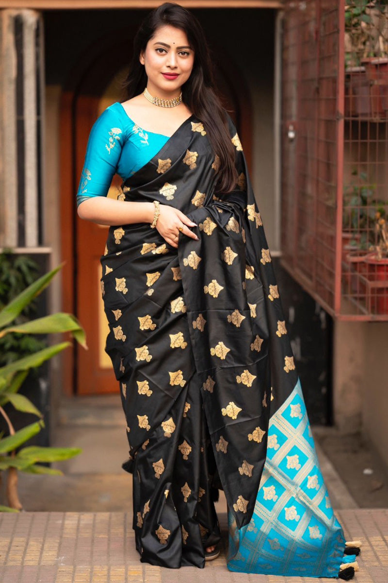 Vestigial Black and Firozi Soft Silk Saree With Radiant Blouse Piece