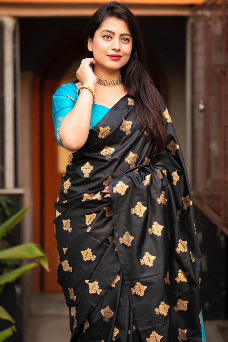 Vestigial Black and Firozi Soft Silk Saree With Radiant Blouse Piece