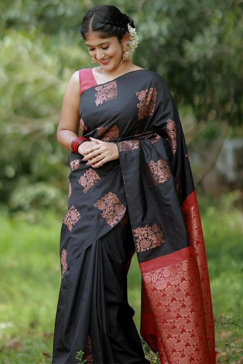 Scrumptious Black Soft Silk Saree With Eloquence Blouse Piece