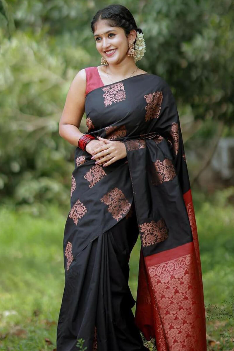 Scrumptious Black Soft Silk Saree With Eloquence Blouse Piece