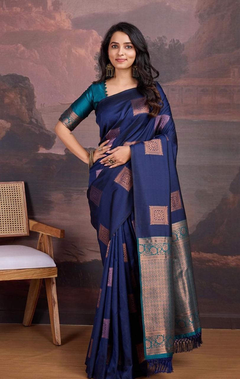 Elision Navy Blue Soft Silk Saree With Confounding Blouse Piece