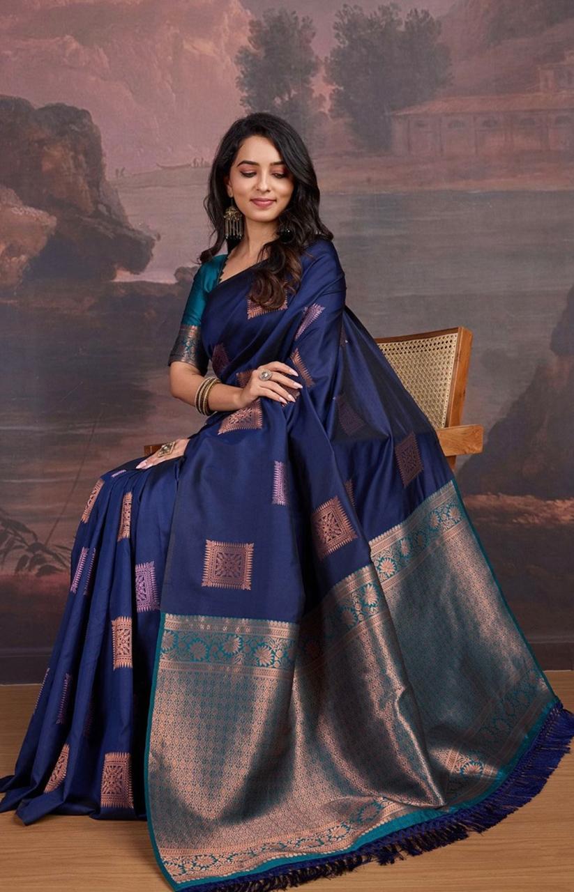 Elision Navy Blue Soft Silk Saree With Confounding Blouse Piece