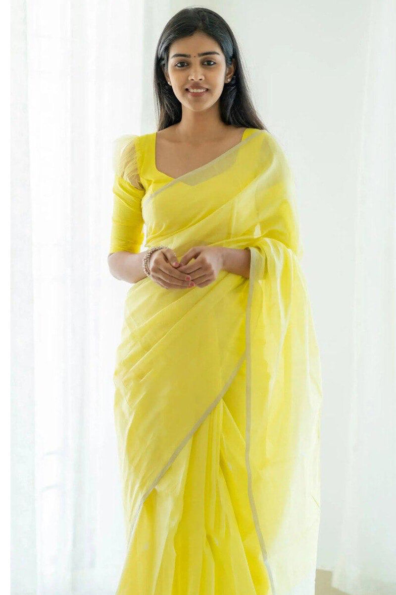 Gratifying Lemon Cotton Silk Saree With Desuetude Blouse Piece