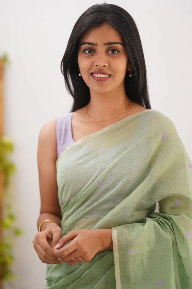 Outstanding Pista Cotton Silk Saree With Stunning Blouse Piece