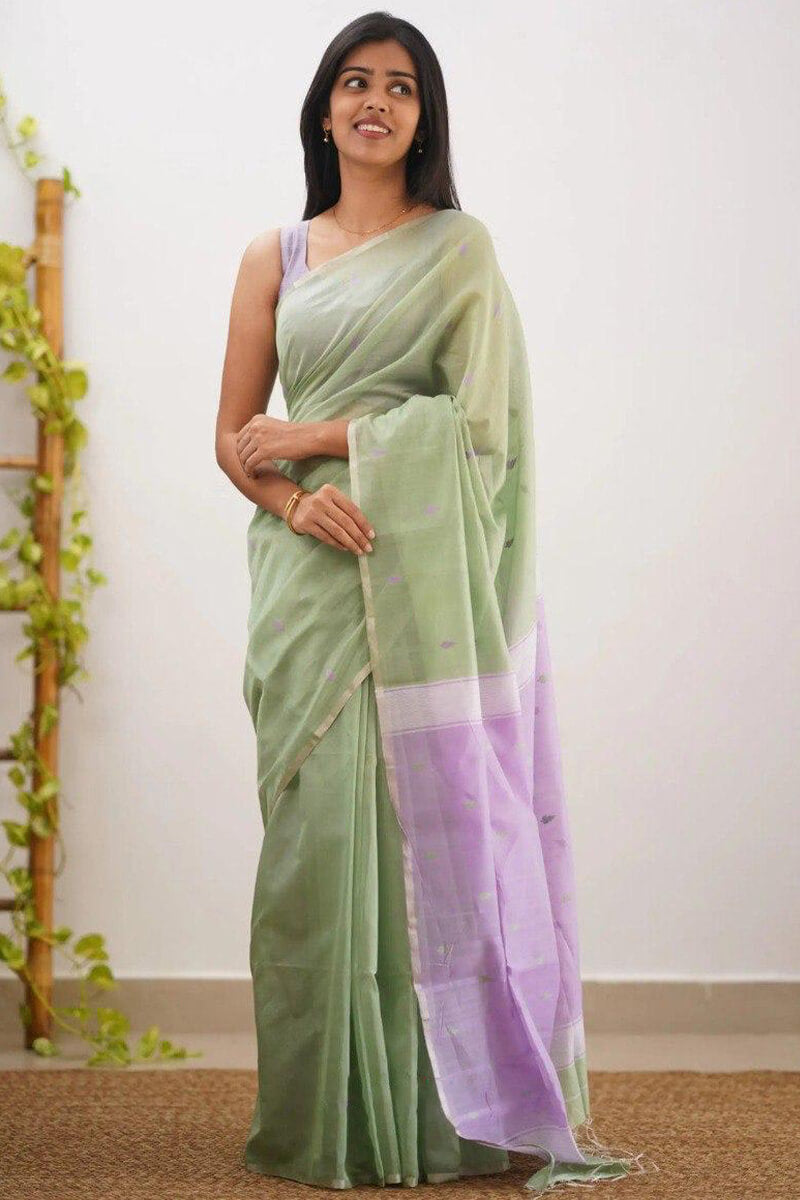 Outstanding Pista Cotton Silk Saree With Stunning Blouse Piece