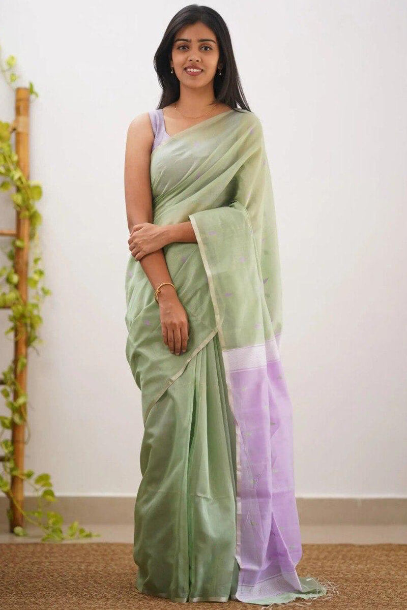 Outstanding Pista Cotton Silk Saree With Stunning Blouse Piece