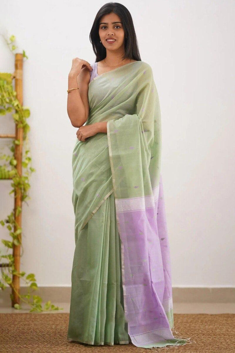 Outstanding Pista Cotton Silk Saree With Stunning Blouse Piece