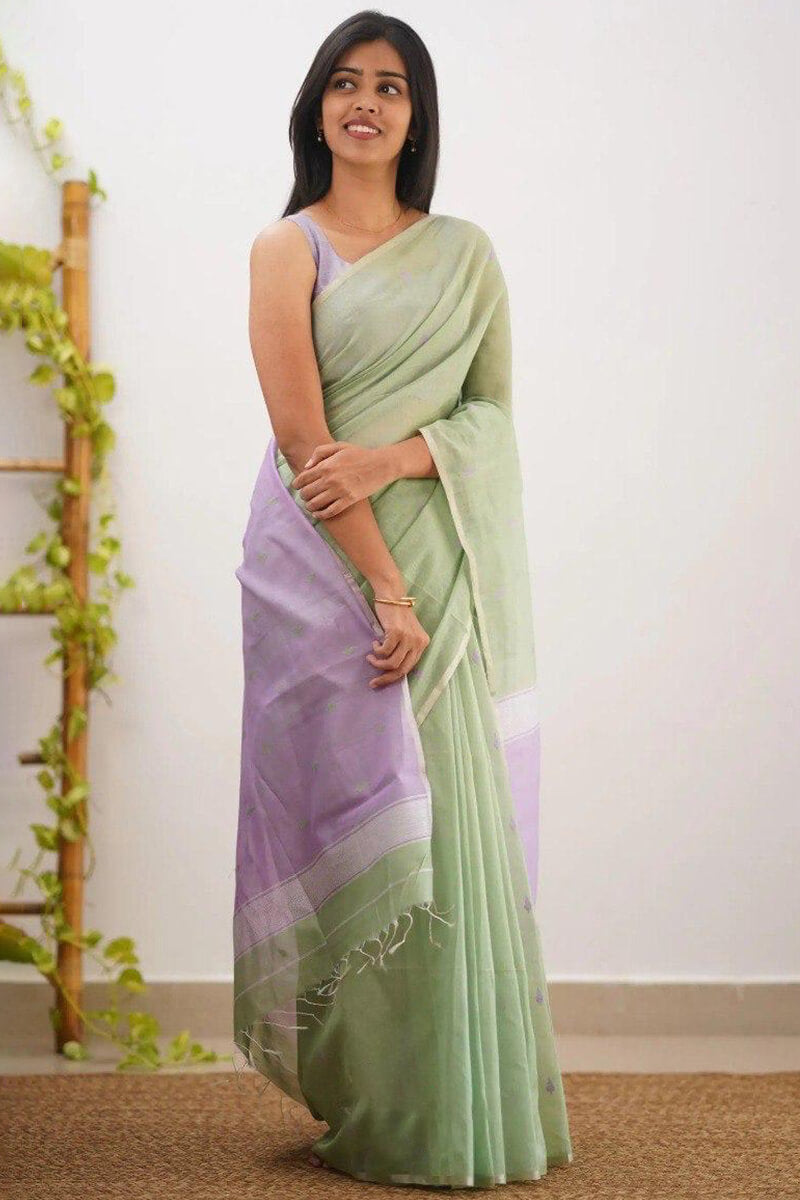 Outstanding Pista Cotton Silk Saree With Stunning Blouse Piece