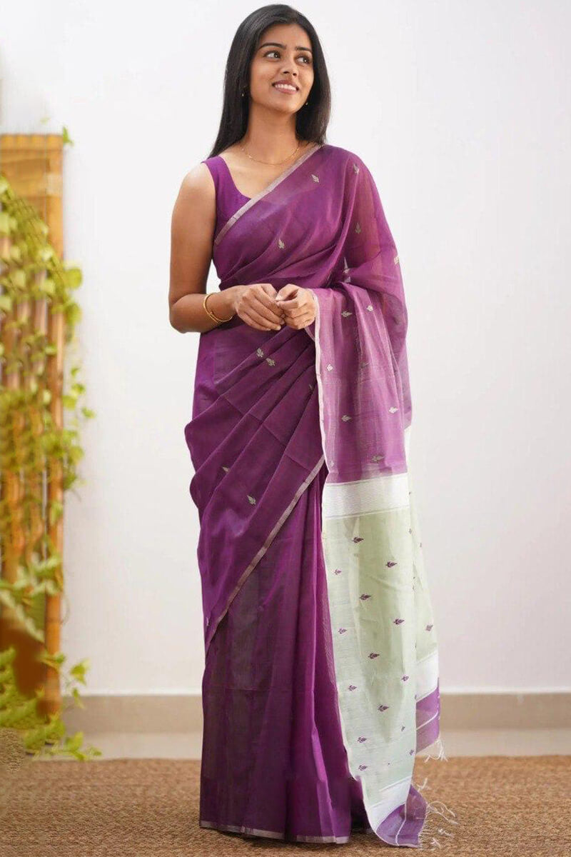 Mellifluous Purple Cotton Silk Saree With Exquisite Blouse Piece