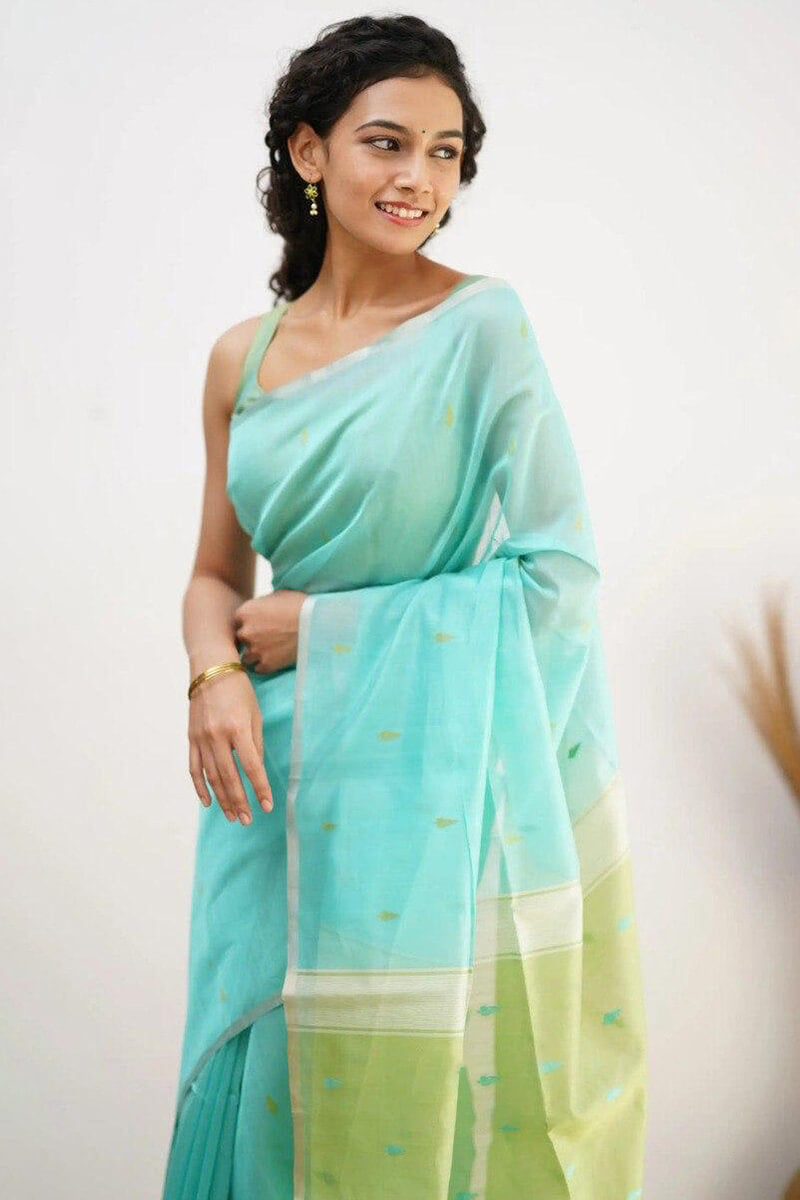 Incredible Sea Green Cotton Silk Saree With Confounding Blouse Piece