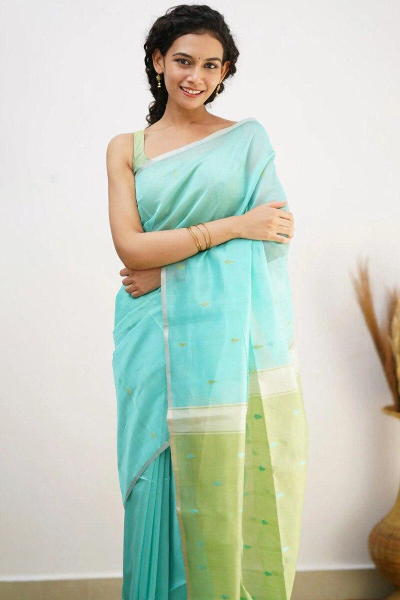 Incredible Sea Green Cotton Silk Saree With Confounding Blouse Piece