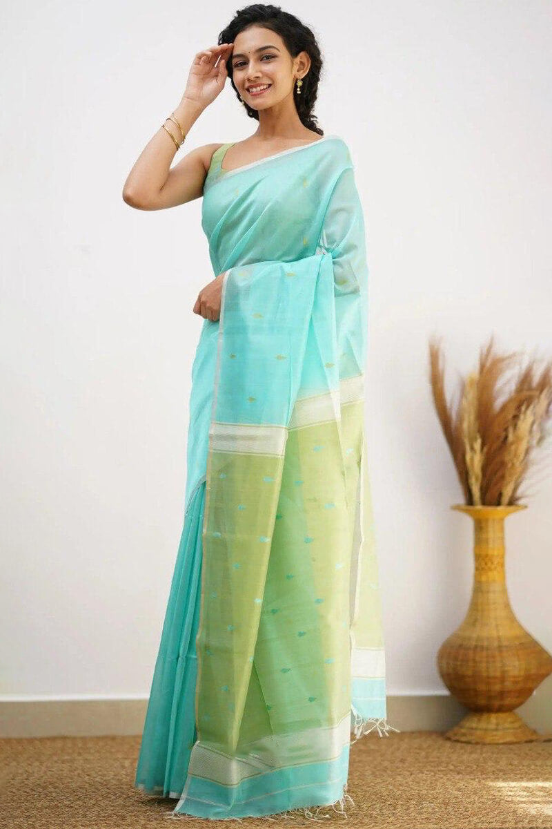 Incredible Sea Green Cotton Silk Saree With Confounding Blouse Piece