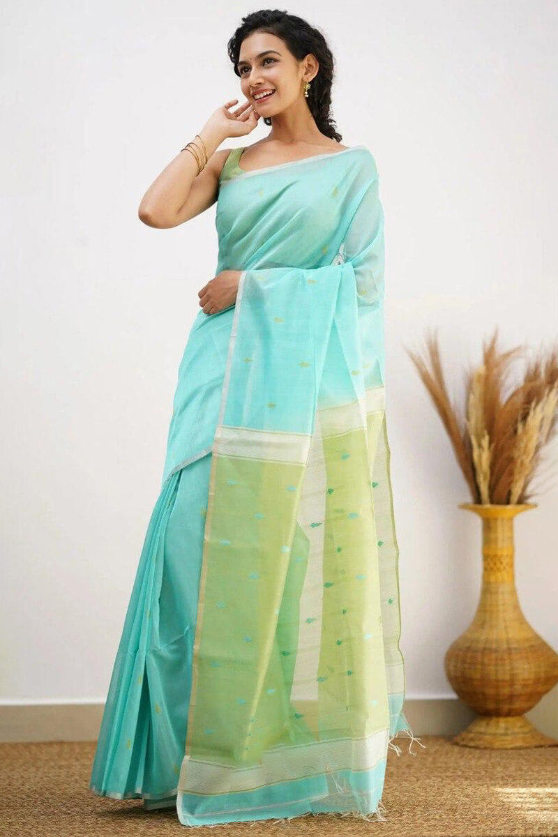 Incredible Sea Green Cotton Silk Saree With Confounding Blouse Piece