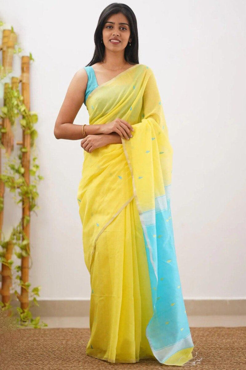 Flamboyant Yellow Firozi Cotton Silk Saree With Invaluable Blouse Piece