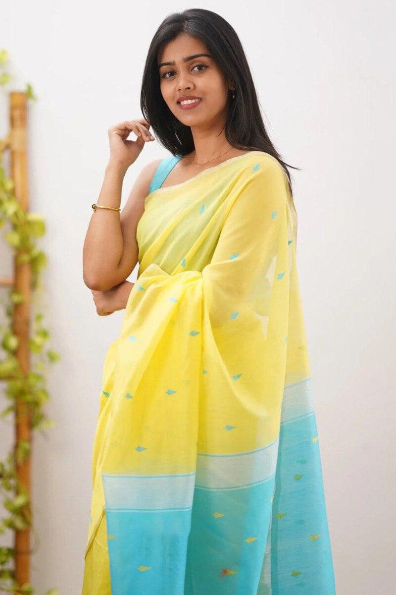 Flamboyant Yellow Firozi Cotton Silk Saree With Invaluable Blouse Piece
