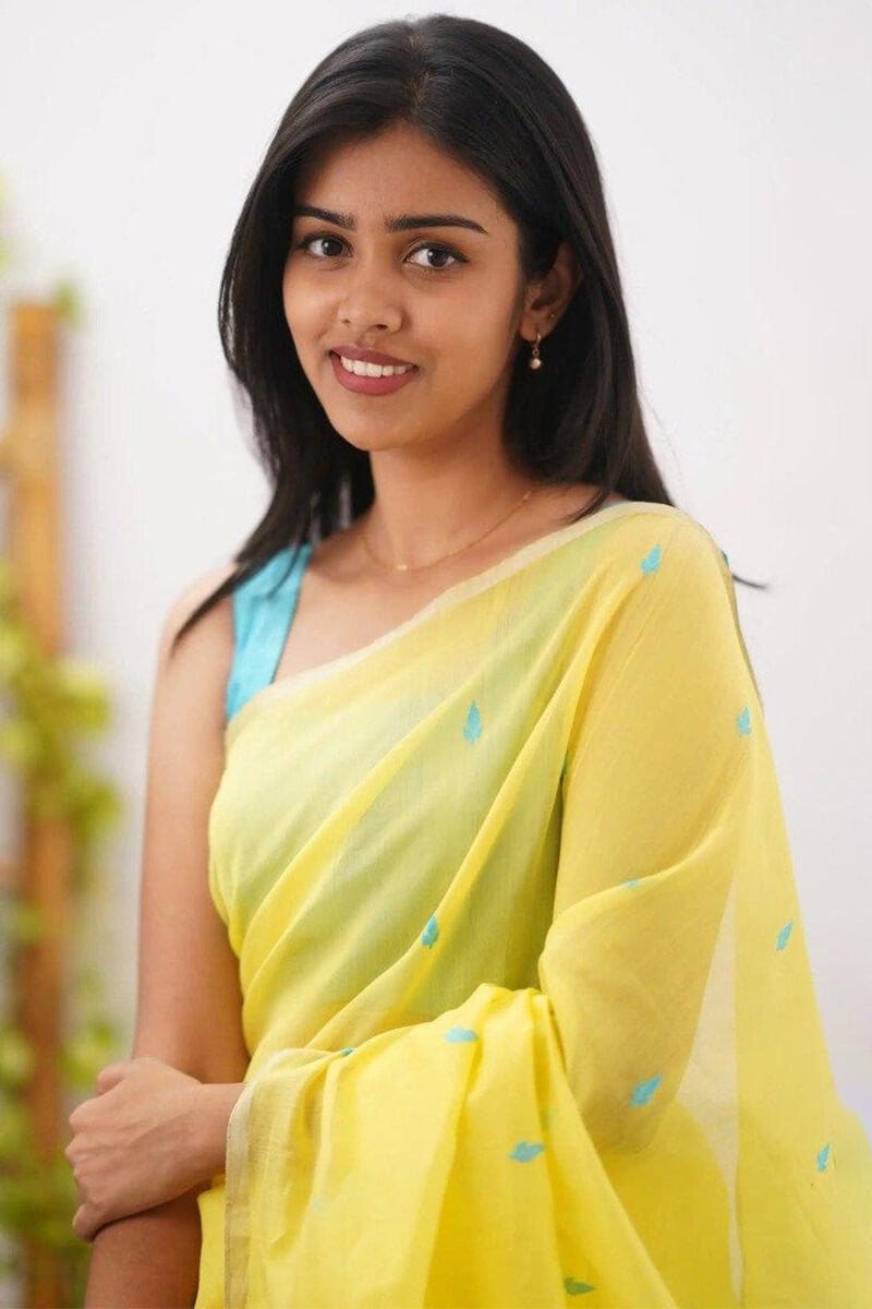 Flamboyant Yellow Firozi Cotton Silk Saree With Invaluable Blouse Piece