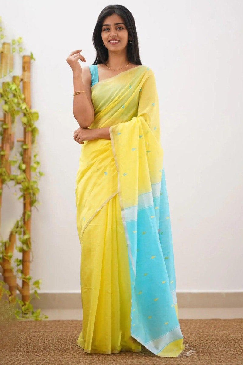 Flamboyant Yellow Firozi Cotton Silk Saree With Invaluable Blouse Piece