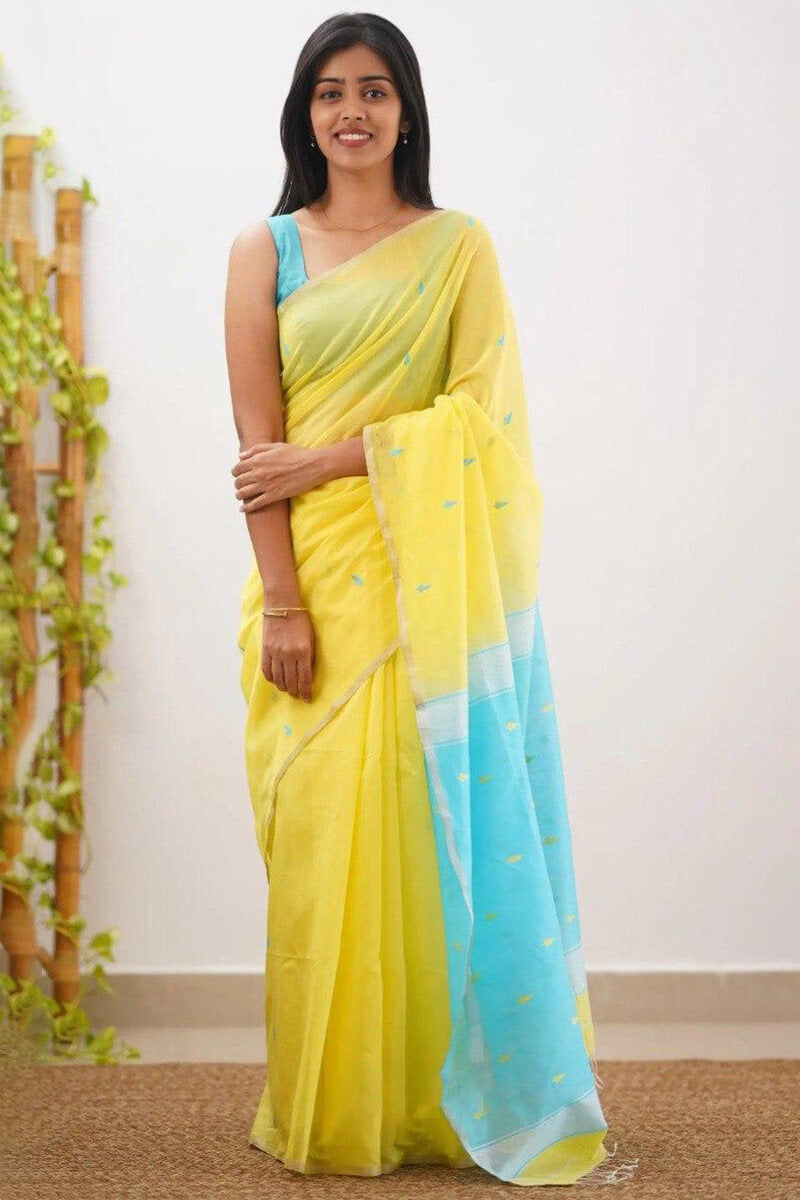 Flamboyant Yellow Firozi Cotton Silk Saree With Invaluable Blouse Piece