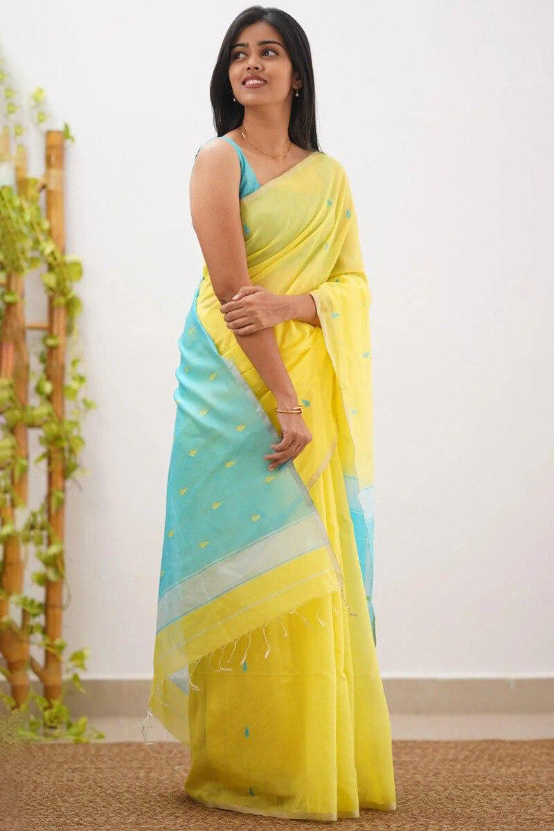 Flamboyant Yellow Firozi Cotton Silk Saree With Invaluable Blouse Piece