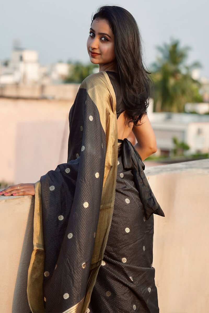 Moiety Black Soft Silk Saree With Opulent Blouse Piece