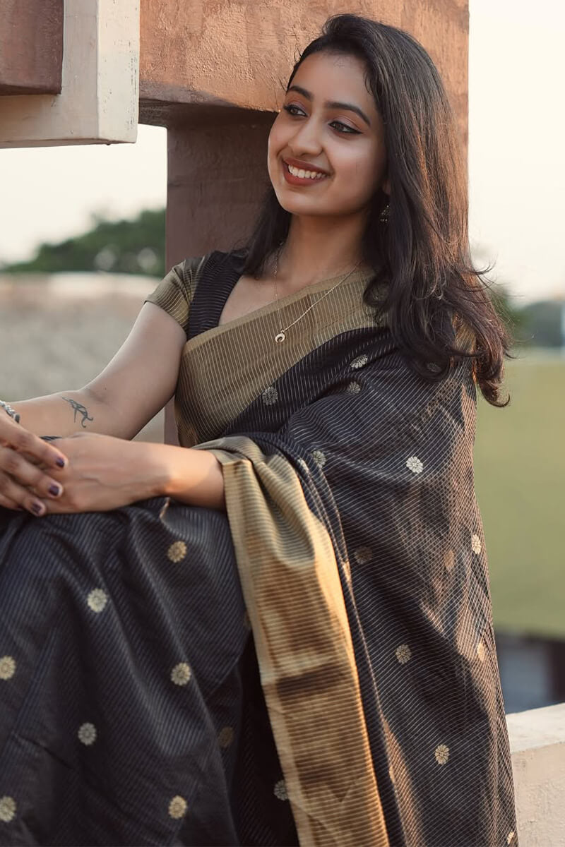 Moiety Black Soft Silk Saree With Opulent Blouse Piece