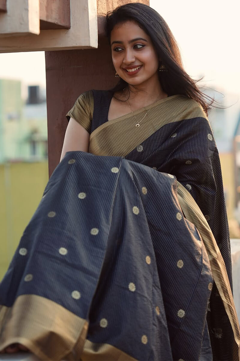 Moiety Black Soft Silk Saree With Opulent Blouse Piece