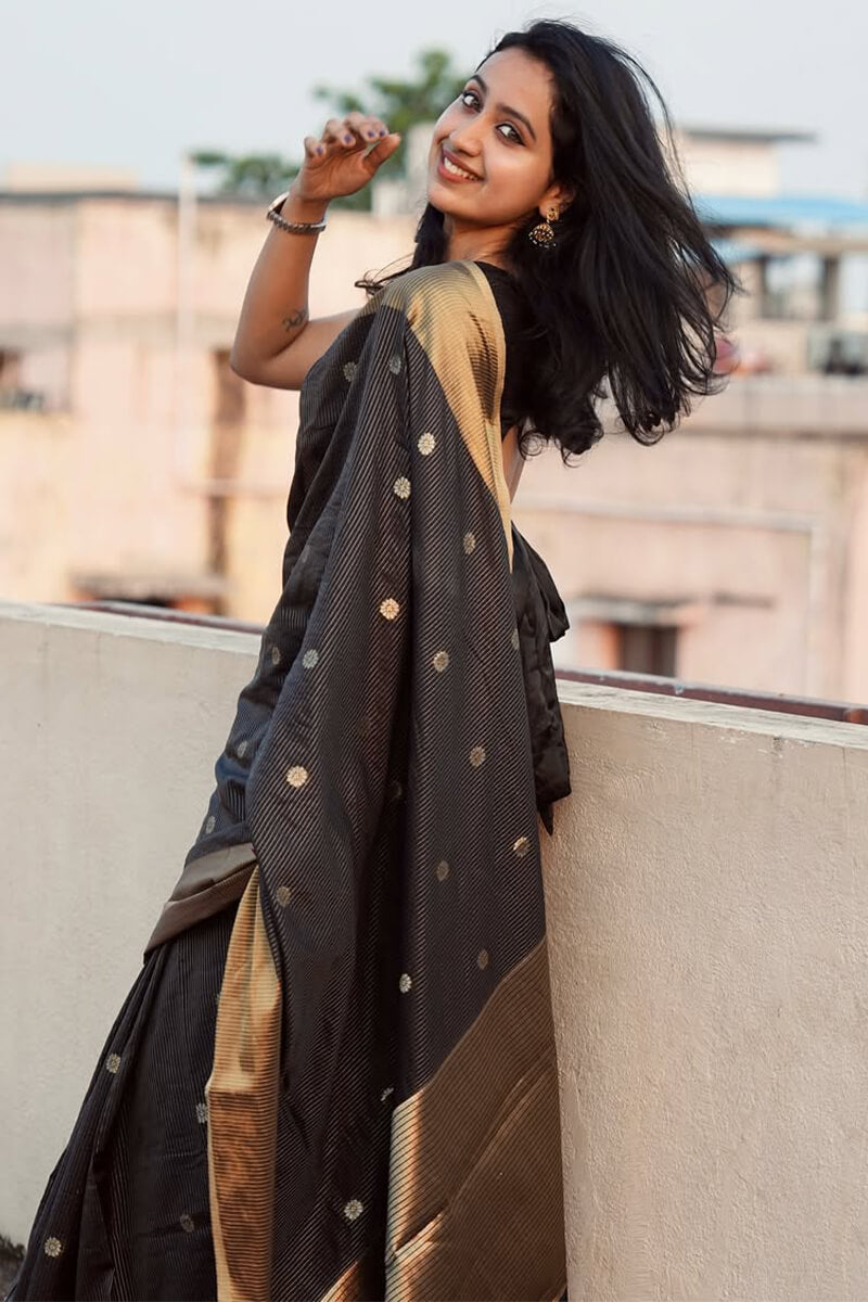 Moiety Black Soft Silk Saree With Opulent Blouse Piece