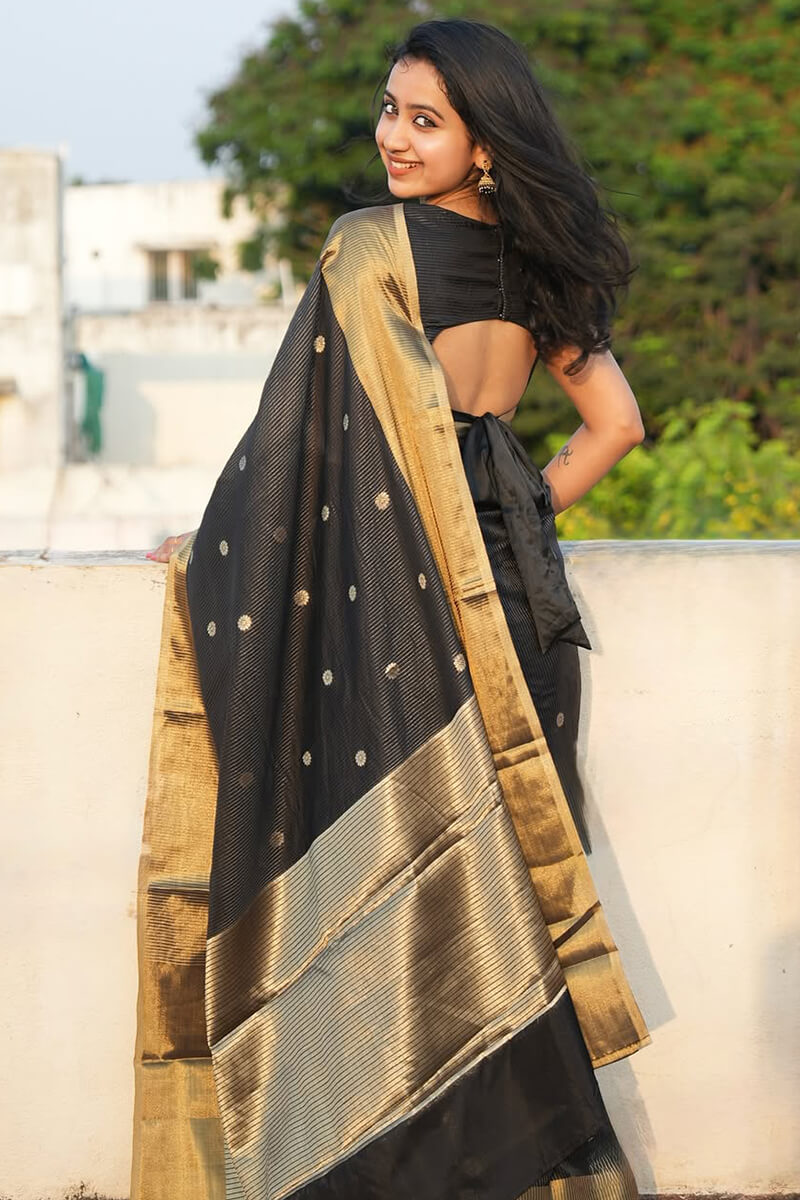Moiety Black Soft Silk Saree With Opulent Blouse Piece