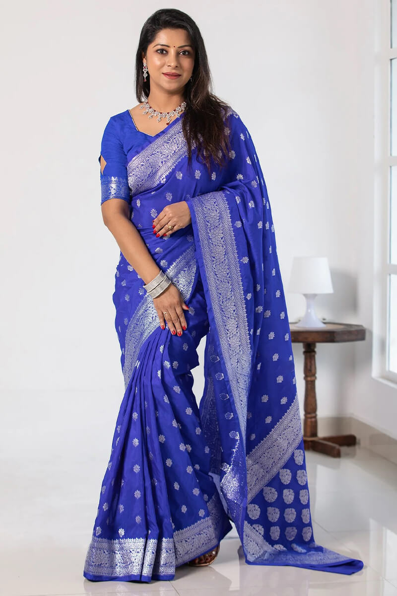 Allure Blue Soft Silk Saree With Assemblage Blouse Piece