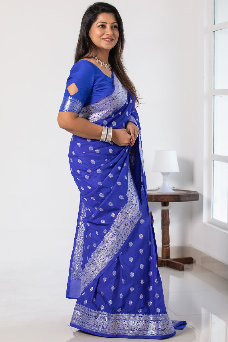 Allure Blue Soft Silk Saree With Assemblage Blouse Piece