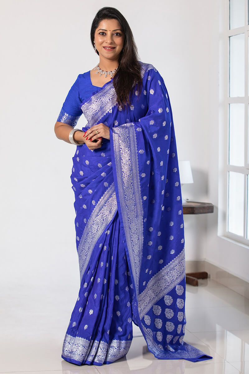 Allure Blue Soft Silk Saree With Assemblage Blouse Piece