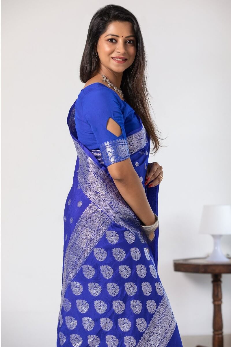 Allure Blue Soft Silk Saree With Assemblage Blouse Piece